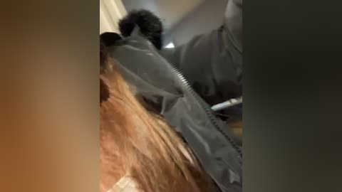 Video of a person with curly black hair, wearing a dark jacket, leaning over a brown carpeted floor, appearing to be in a dimly lit room.