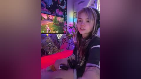 Video of a young, fair-skinned girl with long blonde hair, wearing a black hoodie, playing a video game on a large screen TV, surrounded by Christmas decorations.