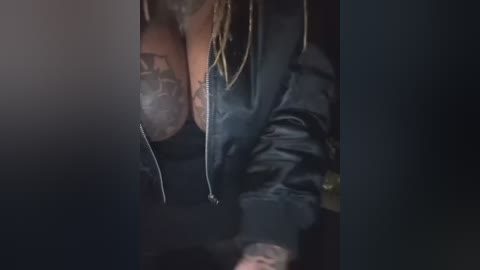 A dimly lit video shows a person wearing a black leather jacket, a face mask, and long dreadlocks. The image is slightly blurry, suggesting a low-light setting. The background is dark and indistinct.