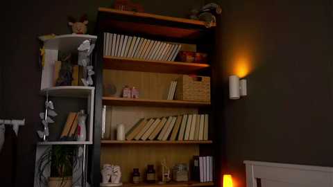 Video of a dimly lit, cozy study room with a wooden bookshelf, books, and a wall-mounted lamp casting a warm glow.