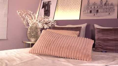 Video of a modern bedroom with a beige bed, textured throw pillow, framed art, and a decorative vase with dried flowers on a purple wall.