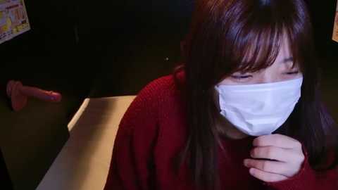 Video of an Asian woman in a red sweater and white mask, seated at a desk, looking down. Background includes a colorful poster and a pink dildo on the desk.