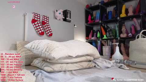 A video of a messy bedroom with a bed covered in white blankets, red and white striped socks, a black shelf filled with colorful sex toys, and a white woven basket.