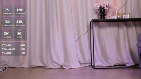 A video of a minimalist room with white curtains, a black table holding a vase of pink flowers, and a digital overlay showing social media metrics.
