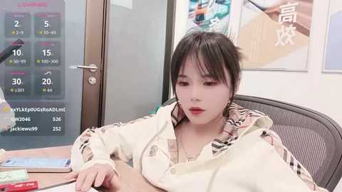 Video of an Asian woman with fair skin and dark hair, wearing a patterned beige jacket, sitting at a desk with a weather forecast and a colorful poster behind her.