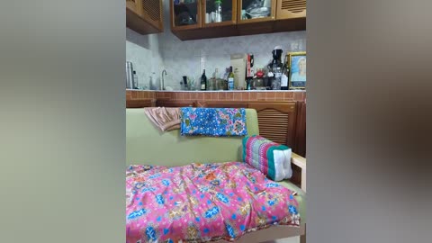Media: Video of a cozy, small kitchen with a pastel green couch covered in colorful, patterned bedding. The background features wooden cabinets, a countertop, and various kitchen appliances, creating a warm, homely atmosphere.