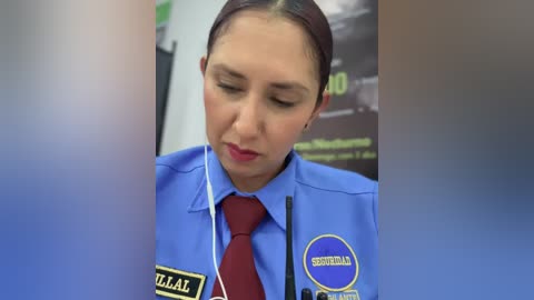 Video of a serious-faced female security officer in a blue uniform with a red tie, listening to a radio with earphones, in a blurred indoor setting.