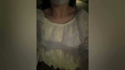 A video of a woman with light skin, wearing a sheer, lace-trimmed white blouse with puffed sleeves, taken indoors in dim lighting, partially obscuring the background.