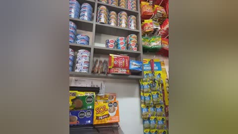 Video of a brightly lit grocery store shelf displaying a variety of packaged foods, including chips, cookies, and snacks. The shelves are organized neatly, with colorful packaging and labels.