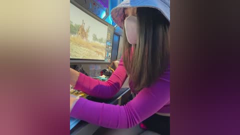 Video of a young woman with long brown hair, wearing a pink long-sleeve shirt, blue bucket hat, and face mask, focused on a video game console.