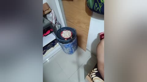 Video of a small, messy room with a blue and white striped trash bin containing popcorn, wooden floor, white walls, and a colorful cushion on the right.