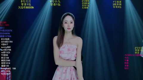 Video of an Asian woman with straight, dark hair, wearing a strapless pink floral dress, standing in front of a blue-lit stage with spotlights. Chinese text and numbers overlay the image.