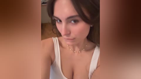 Media: Video of a young woman with fair skin, brown hair, and a white tank top, wearing a gold necklace. She has a neutral expression, with blurred faces in the foreground.