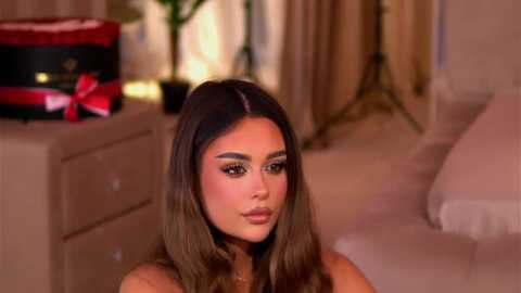 Video of a Middle Eastern woman with long brown hair, fair skin, and brown eyes, wearing dark eyeliner and nude lipstick. She sits in a beige room with a wooden chest of drawers and a potted plant in the background.