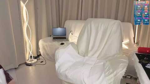Video of a cozy living room with white couches covered in white sheets, a standing lamp, and a laptop on a side table.
