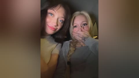 Video of two women: one with short brown hair, wearing a beige top, and the other with blonde hair, partially covering her face, wearing a grey cardigan.