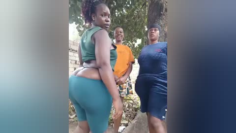Video of three women in a rural setting: a curvy woman in green and teal, a slim woman in orange, and a plus-sized woman in blue. They stand near a tree and a brick wall.