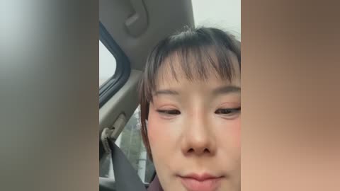 Video of a young Asian woman with light skin and short black hair, wearing pink eyeshadow, sitting in a car. The background shows the car's interior and a blurred outdoor scene.
