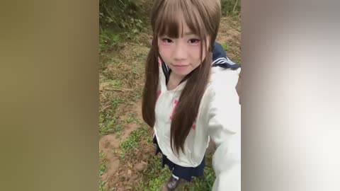 Video of an Asian girl with long brown hair in pigtails, wearing a white jacket, standing on a grassy path surrounded by greenery.