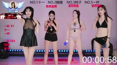 Video of four Asian women in provocative lingerie, standing in a studio, with text \"NO1-NO5\" and \"R-91\" on the background.