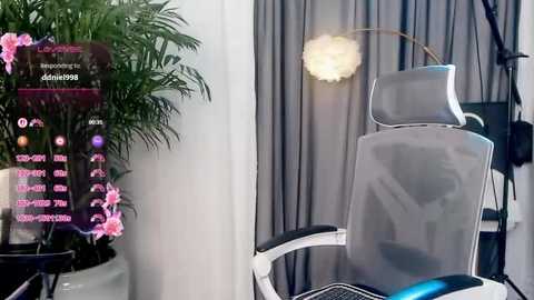 Video of a modern office chair with a mesh backrest, next to a tall potted plant with pink flowers, against a backdrop of gray curtains. A lamp with a white shade hangs above.