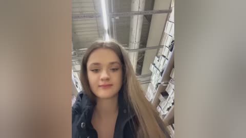 Video of a young Caucasian woman with long, straight brown hair, wearing a dark jacket, standing in a dimly lit, industrial-looking room with metal beams and shelves filled with boxes.