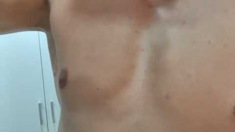 A close-up video of a fair-skinned, shirtless man with a lean physique, showing his bare chest and upper abdomen. He has a small, dark nipple and a slightly hairy chest. The background features a white closet door.