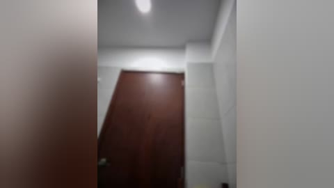 A video of a narrow, dimly lit hallway with a wooden door on the left and white walls on the right. The ceiling has a fluorescent light fixture. The image is slightly blurry.