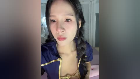 Video of an Asian woman with long black hair in braids, wearing a blue and gold dress, blowing a kiss. Background includes a blurred room with white curtains and a TV.