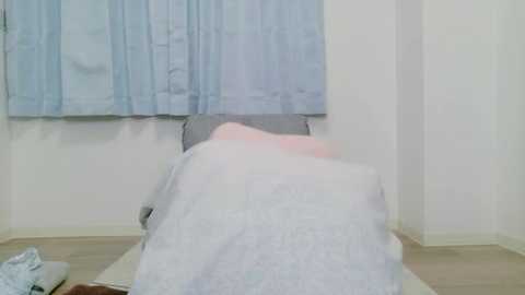 A blurry video of a bed with a white duvet, a pink pillow, and a grey headboard. The background features a light blue curtain and white walls. The image appears to be taken in a dimly lit room.