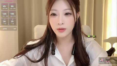 Video of a fair-skinned East Asian woman with long, straight brown hair, wearing a white blouse and black headphones, sitting indoors with beige curtains and a modern chair.