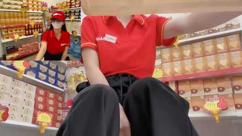 Video of a person wearing a red polo shirt and black pants, seated in a supermarket aisle. The aisle displays shelves of packaged goods. Another person in a red shirt and face mask is visible in the background.