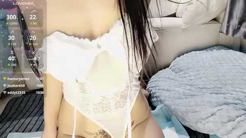 Video of a woman in white lace lingerie, sitting on a bed with a blue blanket, in a dimly lit room, with a digital overlay of social media metrics.