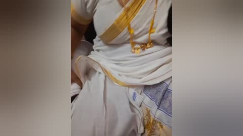 Video of a woman in a white saree with golden border, adorned with a gold necklace. Her left hand is in her pocket, revealing a light blue and white embroidered blouse.