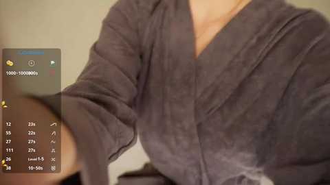 Video of a person wearing a dark gray, fluffy bathrobe, taken from a close-up angle. The background is blurred, with a digital display on the left showing a temperature reading of 70\u00b0F (21\u00b0C).