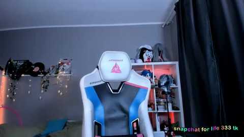 Video of a gamer in a gray room with a white gaming chair, a white shelving unit filled with gaming gear, and a plush toy on a table.