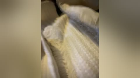 This is a blurred, close-up video of a beige, textured material, possibly fabric or a soft surface, with a slightly grainy texture. The background is out of focus, emphasizing the material's intricate details.