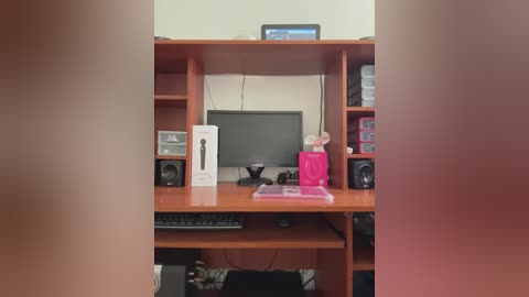 Video of a home office with a wooden shelf unit, two black speakers, a flat-screen TV, a keyboard, and a pink pen holder.