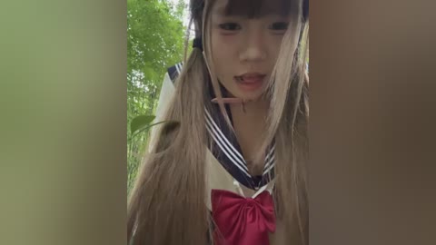 Video of an Asian woman with long, straight, light brown hair and a sailor uniform, standing in a lush, green forest. She has a slight, nervous expression and a piece of food stuck to her tongue.