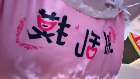 Media: A close-up video of a pink satin robe with Japanese characters and a heart motif, featuring a white lace trim. The background includes a glimpse of a yellow sign.