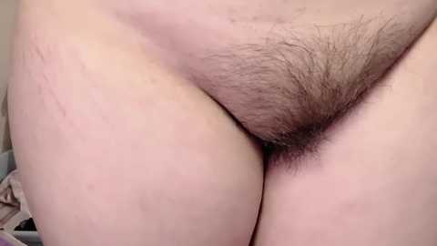 A close-up video of a woman's pubic area with a small patch of dark, curly pubic hair. The skin is light-toned with faint stretch marks visible on her thighs.
