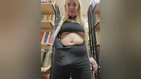 Video of a slender, blonde woman with fair skin, wearing a black crop top and matching leggings, standing in a library filled with wooden bookshelves.