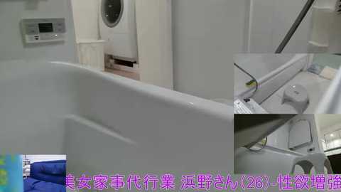 Video of a modern, clean laundry room with white walls and appliances, featuring a washer and dryer, a sink, and a blue mat.