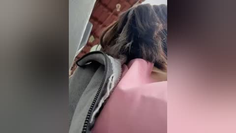 Media: Video of a person with dark hair, wearing a pink shirt, lying on a bed with a red and brown patterned blanket. The focus is on the person's head and shoulder, with a blurred background.