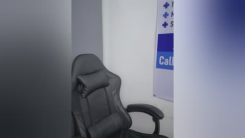 Media: Video of a gray ergonomic office chair with a cushioned backrest, positioned against a white wall in a dimly lit room. On the right, a blue and white \"Call\" sign with icons is partially visible.