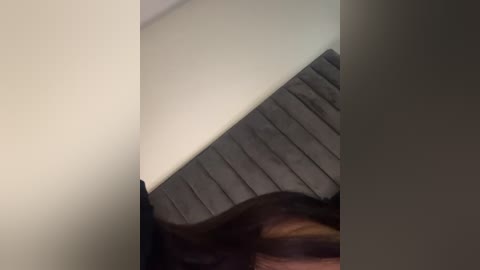 Video of a dark wooden staircase with a gray carpet runner, set against a beige wall. The stairway is slightly out of focus, giving a soft, dreamy effect.