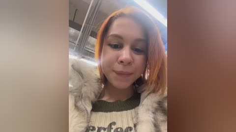Video of a young woman with light skin, short orange hair, and a small nose piercing, wearing a green sweater with \"Screw It\" and a fur-lined jacket, smiling in a subway car.