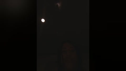 A dimly lit video shows a man in shadow, partially obscured by fog, standing in front of a darkened window, with a full moon visible through the glass.