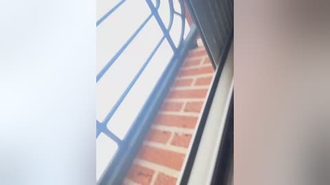 A video of a corner of a room with a blue metal railing and red brick wall, creating a modern architectural aesthetic. The image is slightly blurred, with a soft, diffused lighting effect.