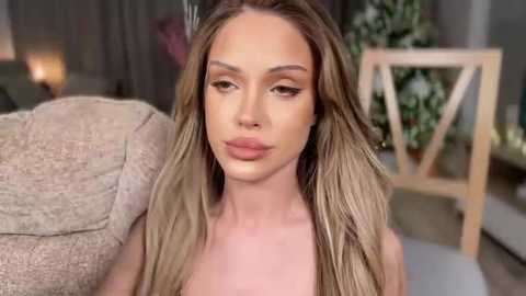 Video of a fair-skinned woman with long, wavy blonde hair, wearing makeup, seated indoors with a beige couch and green plant in the background.